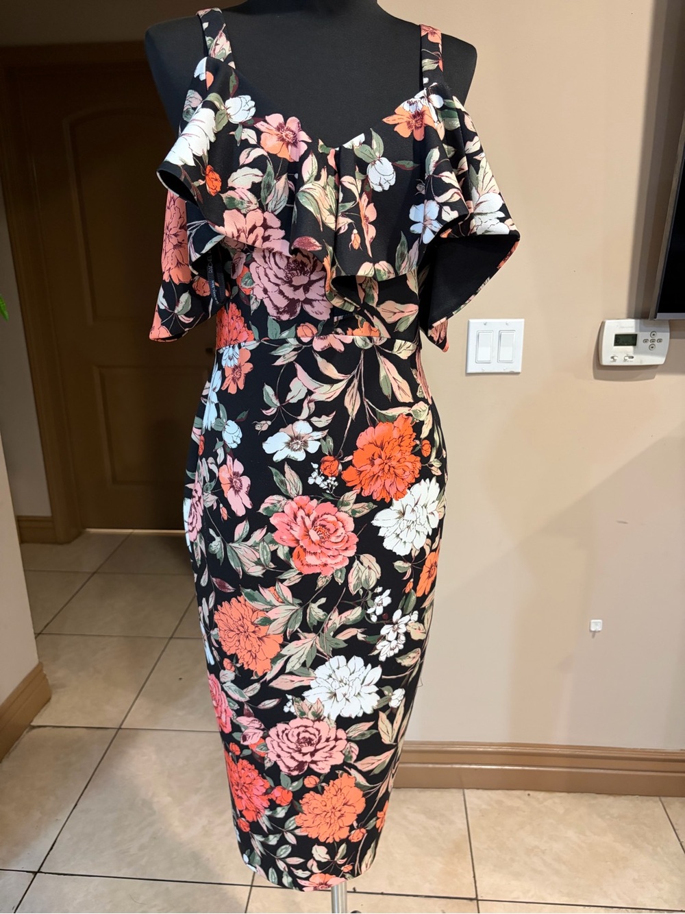 Rachel Black Midi Dress with Pink, Coral & White Floral Print